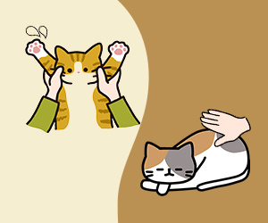 猫の無理やりな抱っこや睡眠中の猫を強引に起こす行為のイラスト。